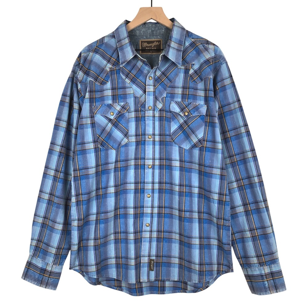NWOT WRANGLER Retro Premium Western Snap Shirt Men's XL‎ Blue Plaid Long Sleeve